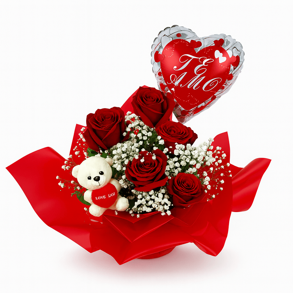 Centro de Rosas Rojas con Peluche y Globo